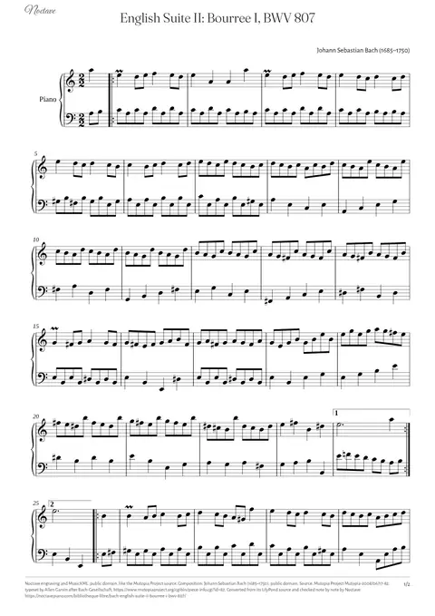First page of the score of English Suite II: Bourree I, BWV 807