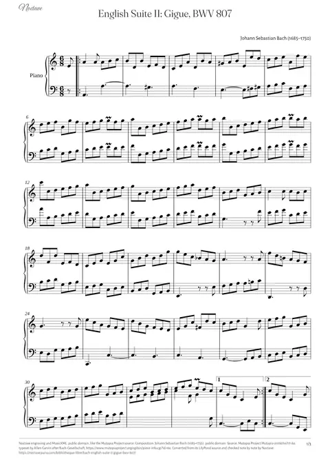 First page of the score of English Suite II: Gigue, BWV 807