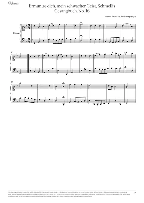 Première page de la partition de Ermuntre dich, mein schwacher Geist, Schmellis Gesangbuch, No. 16