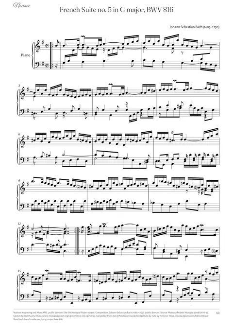 First page of the score of French Suite no. 5 in G major, BWV 816