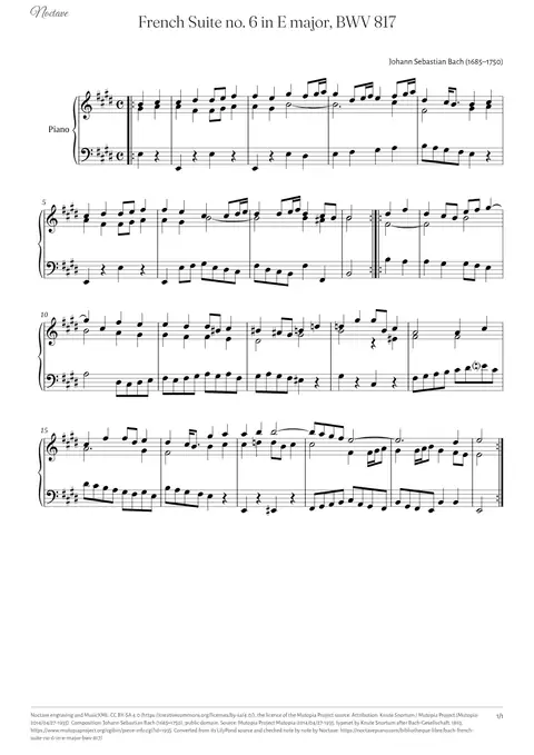 First page of the score of French Suite no. 6 in E major, BWV 817