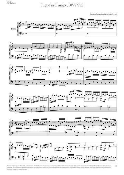 Première page de la partition de Fugue in C major, BWV 952