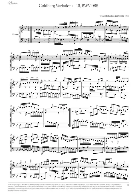 First page of the score of Goldberg Variations - 15, BWV 988