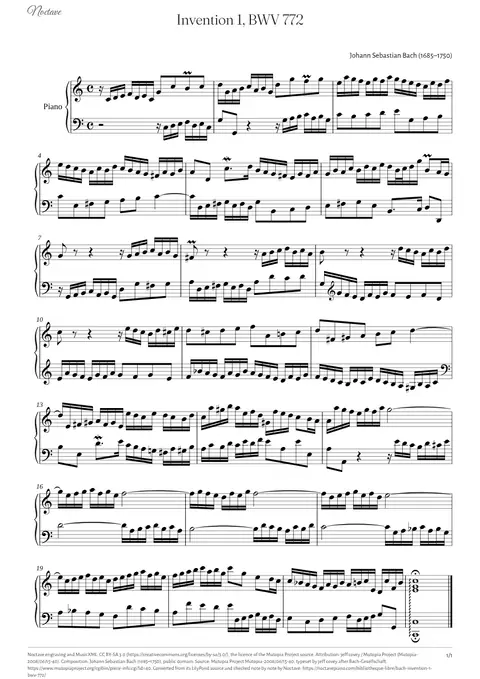 Première page de la partition de Invention 1, BWV 772