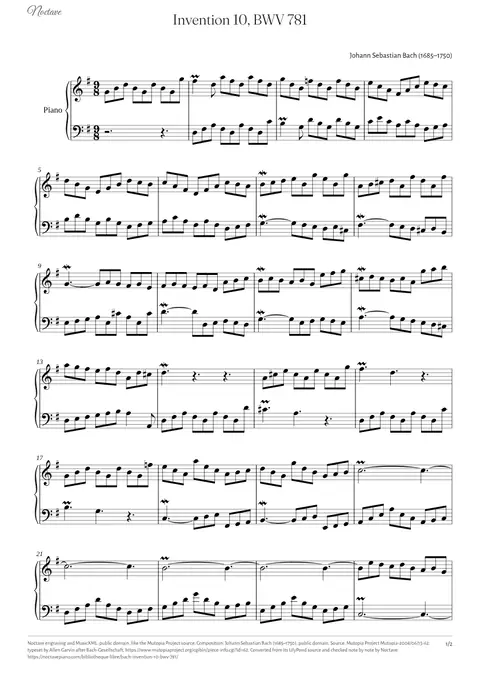 Première page de la partition de Invention 10, BWV 781