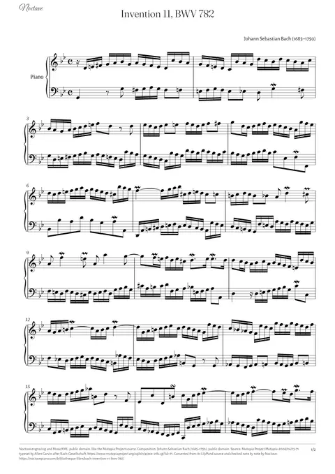 First page of the score of Invention 11, BWV 782