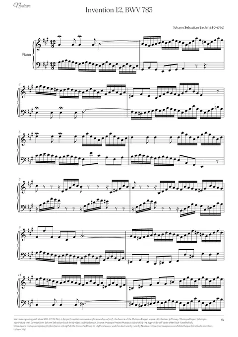 Première page de la partition de Invention 12, BWV 783