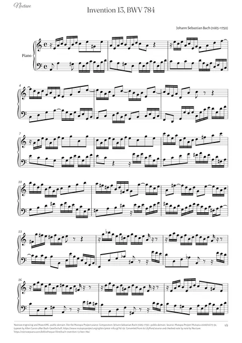 Première page de la partition de Invention 13, BWV 784
