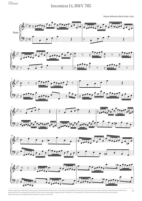 First page of the score of Invention 14, BWV 785