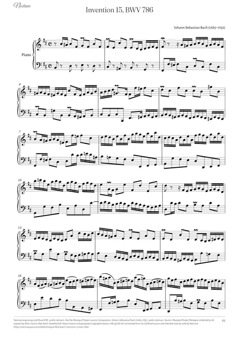 First page of the score of Invention 15, BWV 786