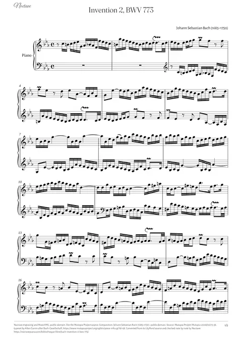 Première page de la partition de Invention 2, BWV 773