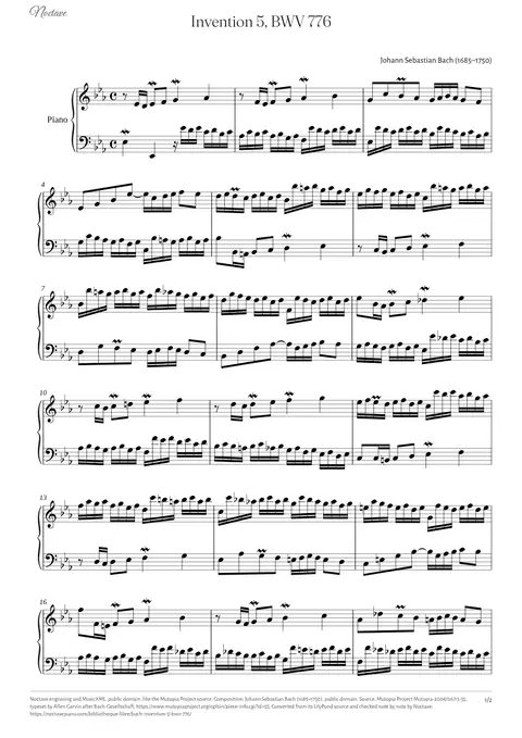 Première page de la partition de Invention 5, BWV 776