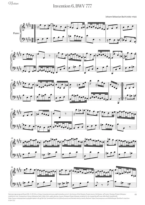 Première page de la partition de Invention 6, BWV 777