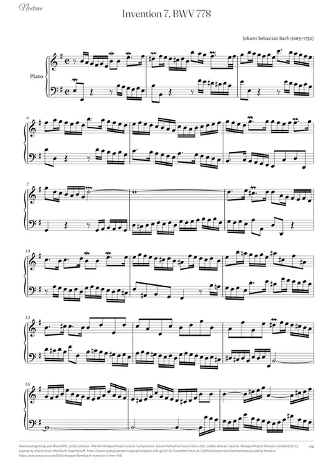 First page of the score of Invention 7, BWV 778
