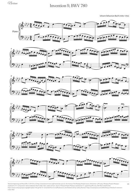 First page of the score of Invention 9, BWV 780
