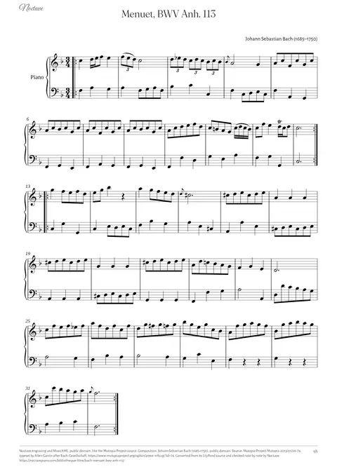 Première page de la partition de Menuet, BWV Anh. 113