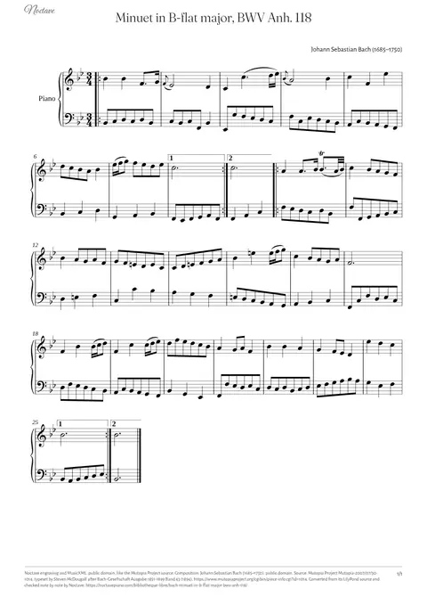First page of the score of Minuet in B-flat major, BWV Anh. 118