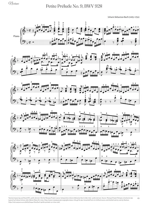 First page of the score of Petite Prélude No. 9, BWV 928