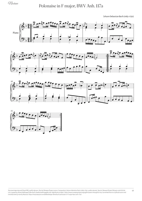 First page of the score of Polonaise in F major, BWV Anh. 117a
