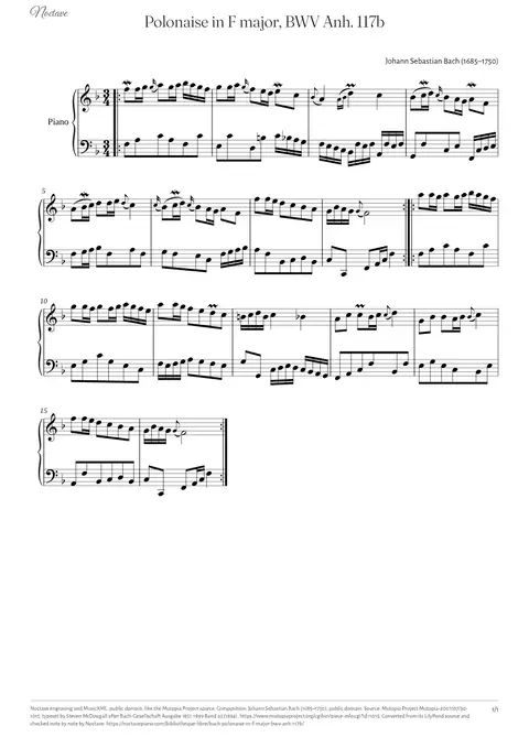 First page of the score of Polonaise in F major, BWV Anh. 117b