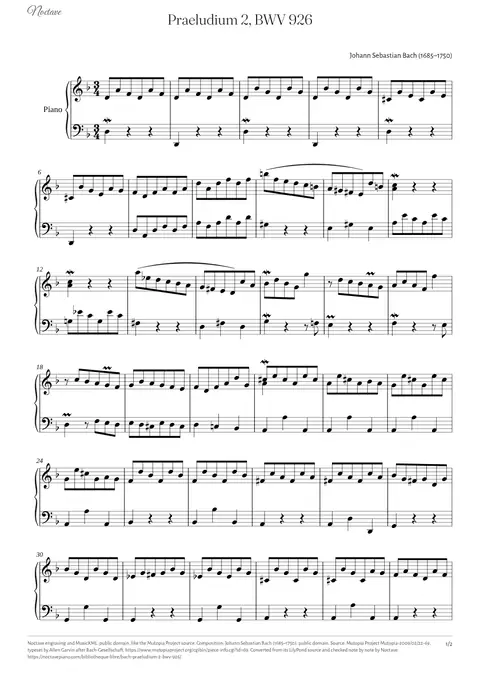 Première page de la partition de Praeludium 2, BWV 926