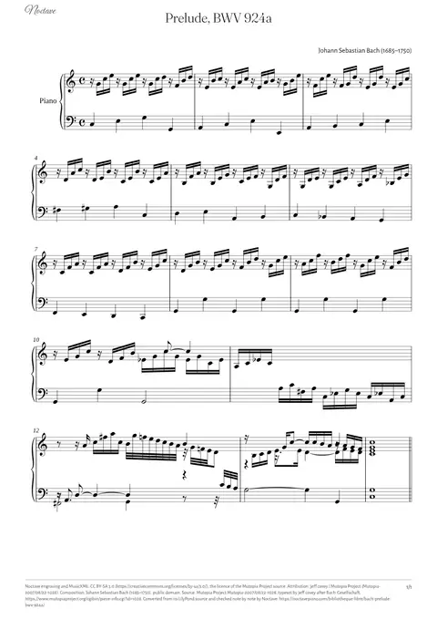 Première page de la partition de Prelude, BWV 924a