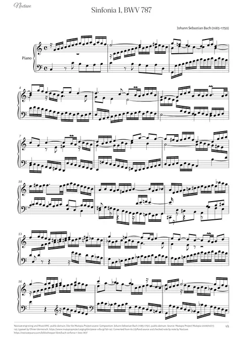 First page of the score of Sinfonia 1, BWV 787