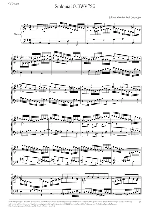 First page of the score of Sinfonia 10, BWV 796