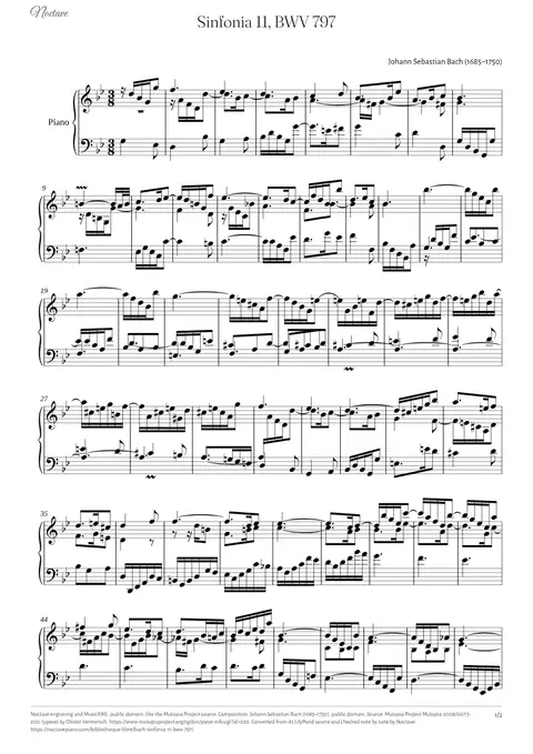 Première page de la partition de Sinfonia 11, BWV 797