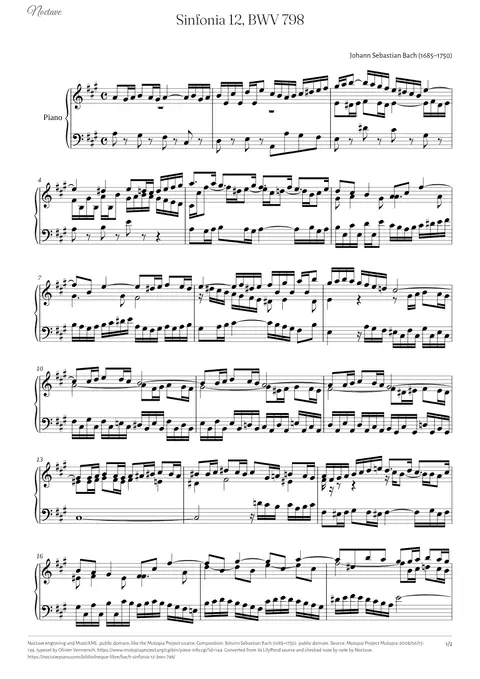 Première page de la partition de Sinfonia 12, BWV 798