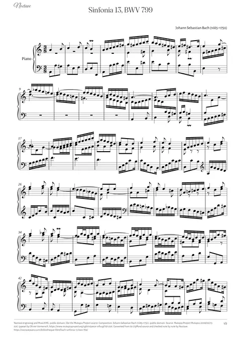Première page de la partition de Sinfonia 13, BWV 799