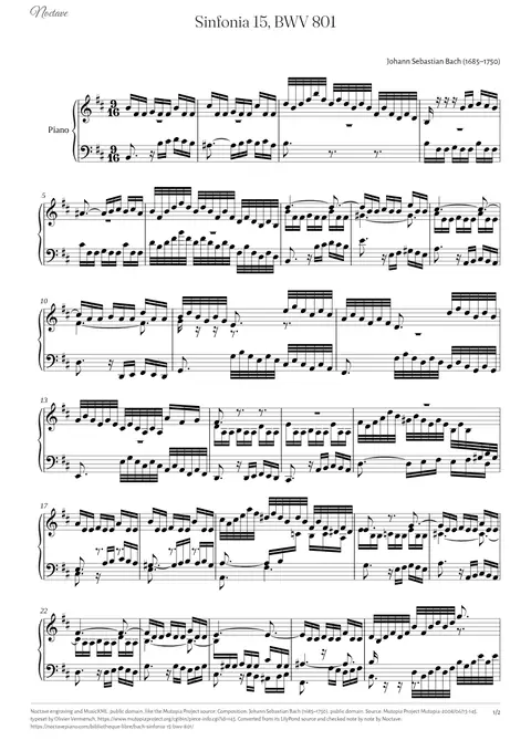 Première page de la partition de Sinfonia 15, BWV 801