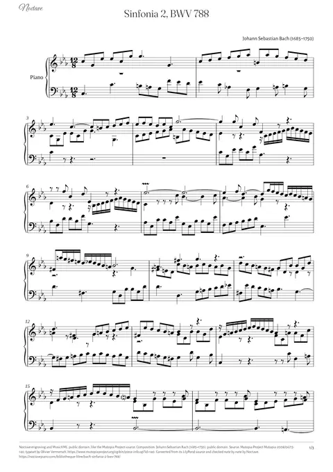 Première page de la partition de Sinfonia 2, BWV 788