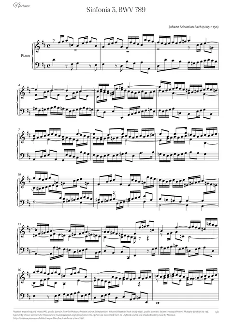 First page of the score of Sinfonia 3, BWV 789