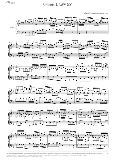 Première page de la partition de Sinfonia 4, BWV 790