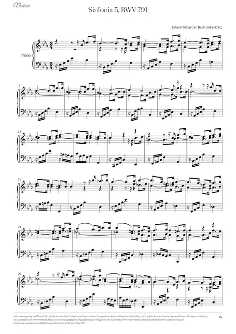 Première page de la partition de Sinfonia 5, BWV 791