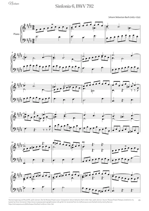 First page of the score of Sinfonia 6, BWV 792