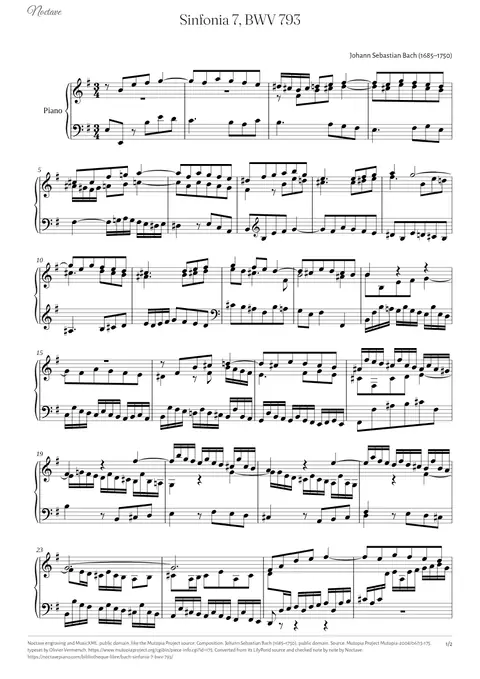 Première page de la partition de Sinfonia 7, BWV 793