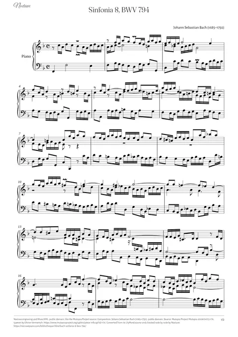 First page of the score of Sinfonia 8, BWV 794