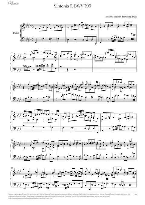 Première page de la partition de Sinfonia 9, BWV 795