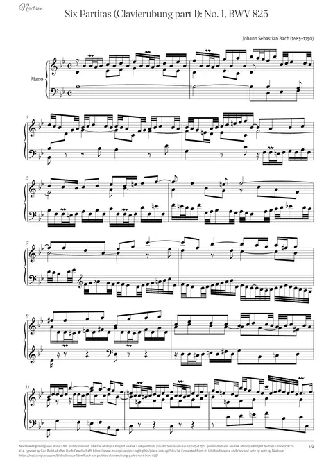 First page of the score of Six Partitas (Clavierubung part I): No. 1, BWV 825
