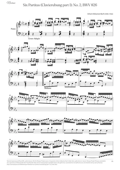 Première page de la partition de Six Partitas (Clavierubung part I): No. 2, BWV 826