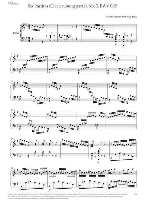 First page of the score of Six Partitas (Clavierubung part I): No. 5, BWV 829