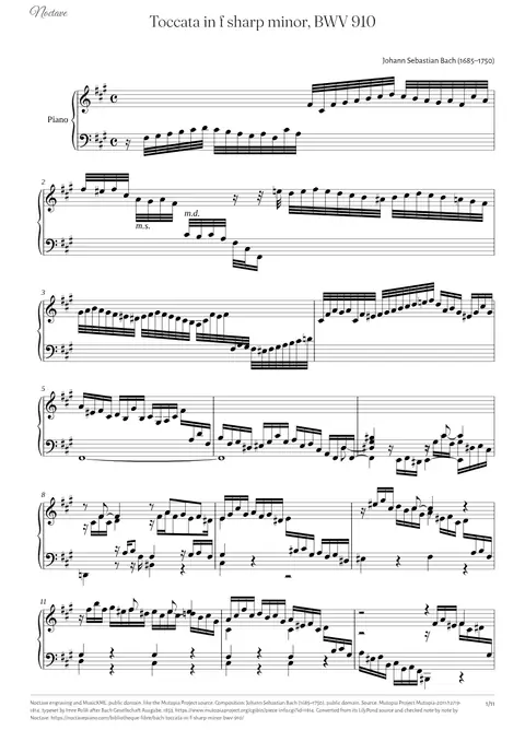 Première page de la partition de Toccata in f sharp minor, BWV 910