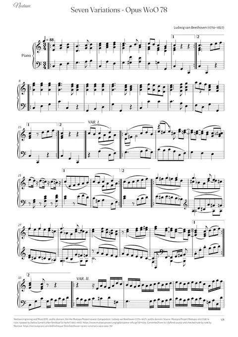 First page of the score of Seven Variations - Opus WoO 78