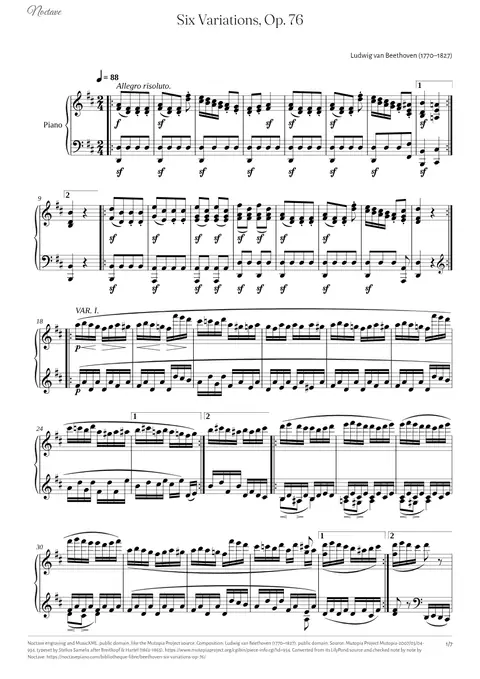 Première page de la partition de Six Variations, Op. 76