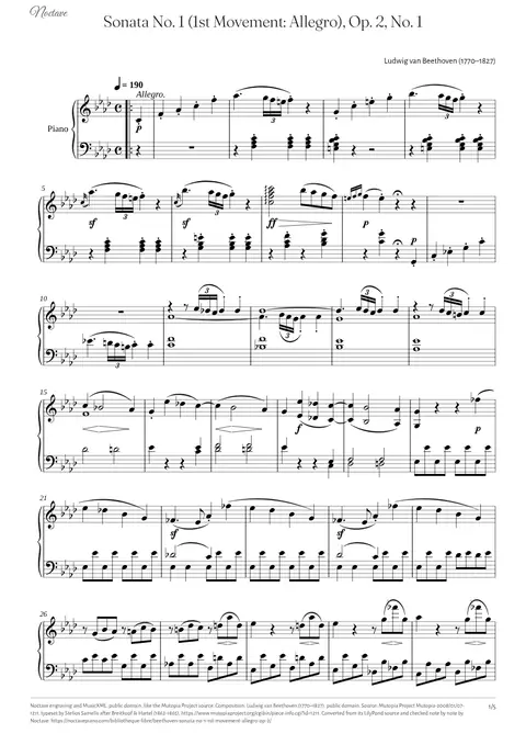 Première page de la partition de Sonata No. 1 (1st Movement: Allegro), Op. 2, No. 1