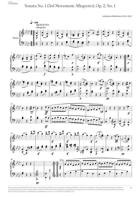 Première page de la partition de Sonata No. 1 (3rd Movement: Allegretto), Op. 2, No. 1