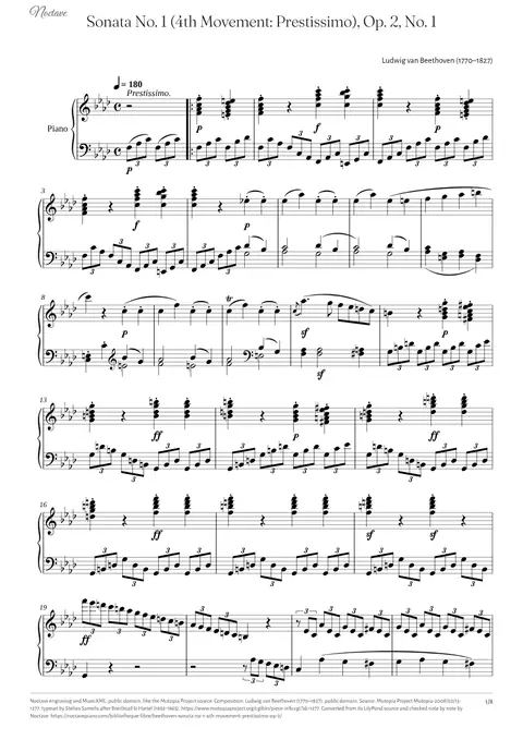 Première page de la partition de Sonata No. 1 (4th Movement: Prestissimo), Op. 2, No. 1