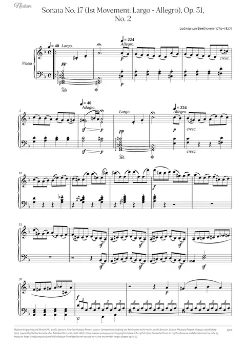 First page of the score of Sonata No. 17 (1st Movement: Largo - Allegro), Op. 31, No. 2